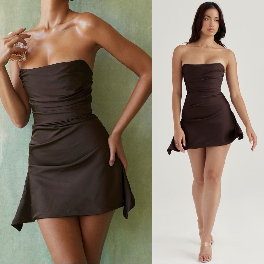 HOUSE OF CB 'Jasmine' Chocolate Draped Strapless Corset Dress Large